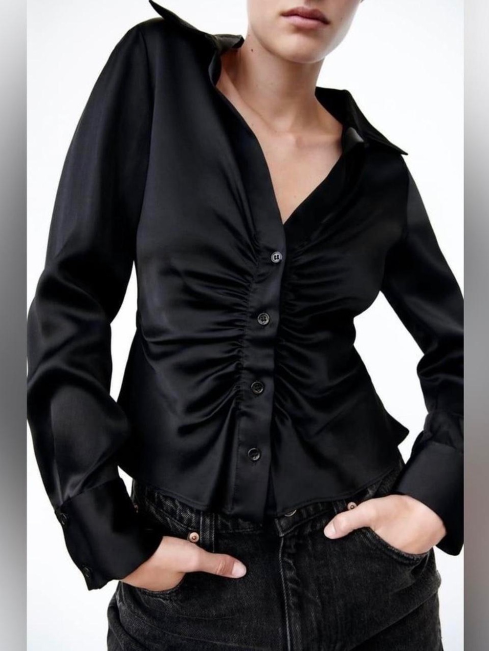 Zara Black Satin Ruched Button-Front Waist Length Shirt